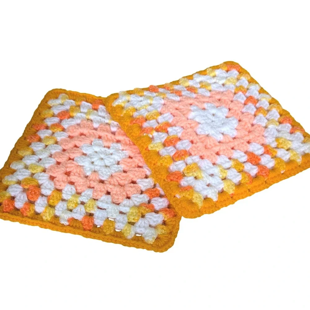 Retro Crochet Granny Square Potholders Set 2 Orange Peach 70s Kitchen Hot Pads
